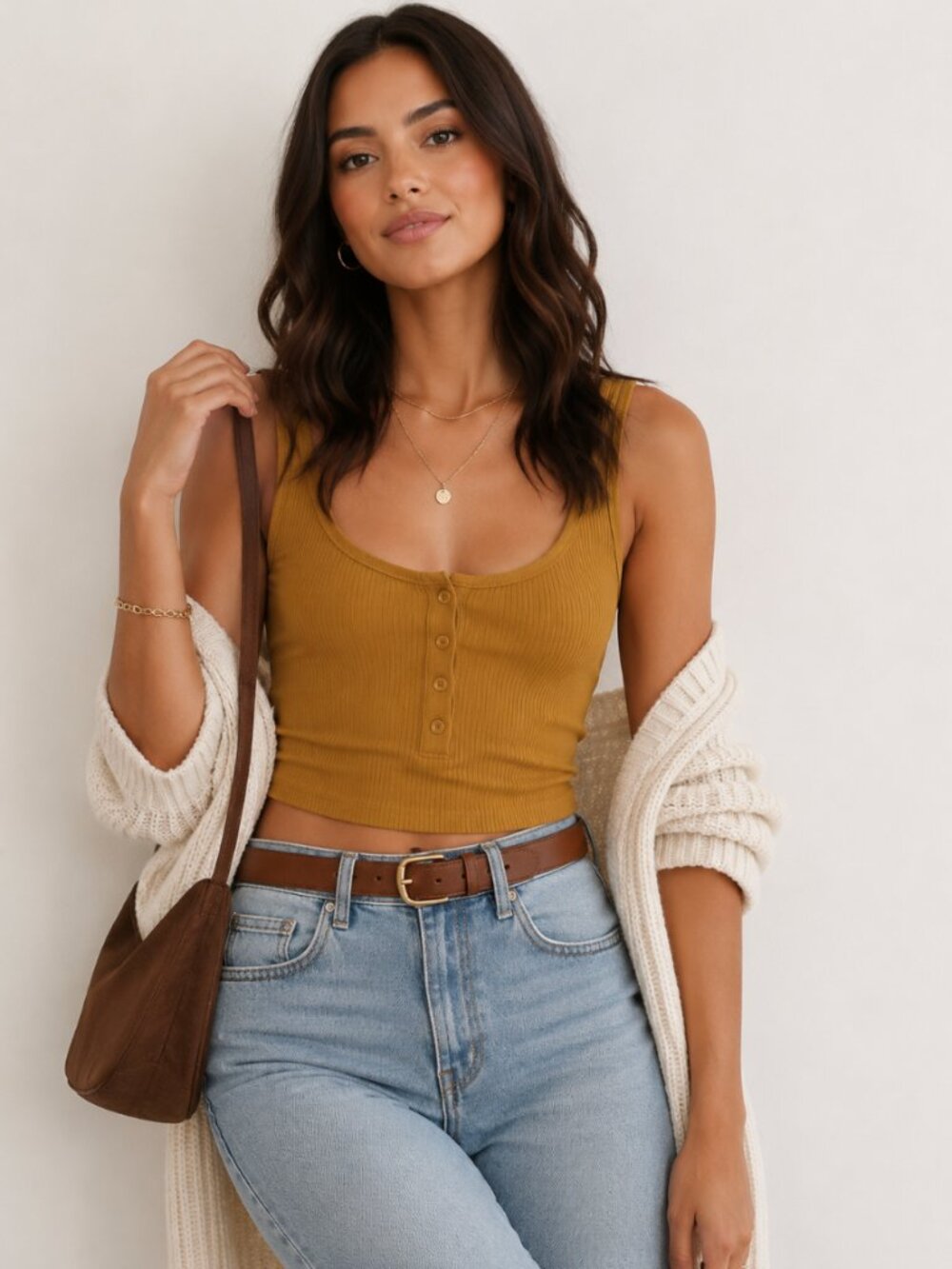 Free People Mustard Ribbed Button Front Crop Tank Top Size M